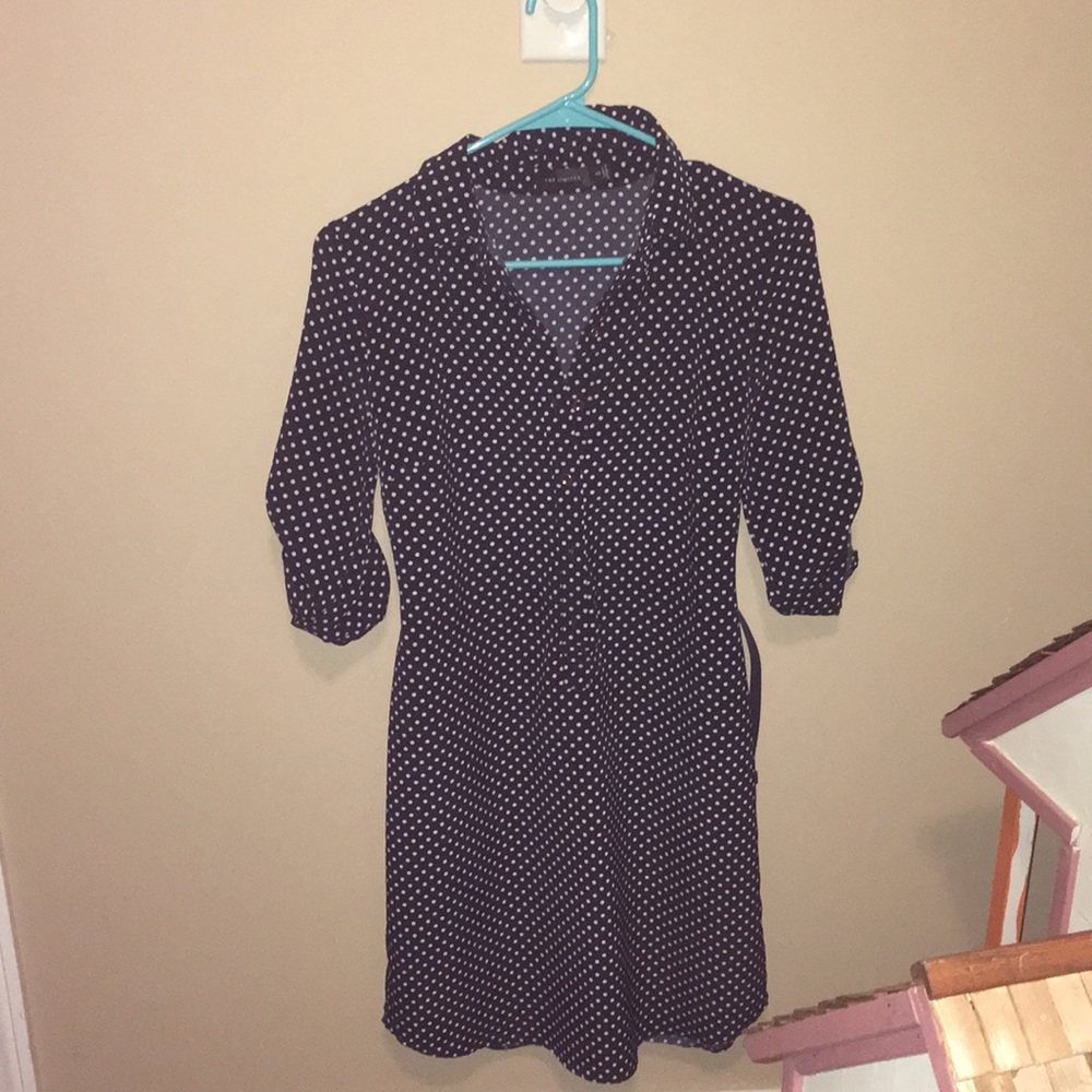 Navy blue polka dot button up dress